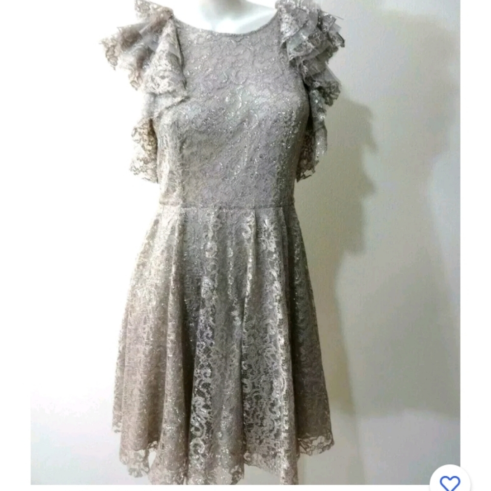BCBG MaxAzria "Cynthia" silver lace dress